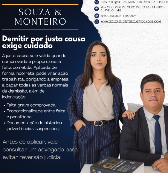 Arte do escritório sobre cuidados na demissão por justa causa, com Daiane e Pedro